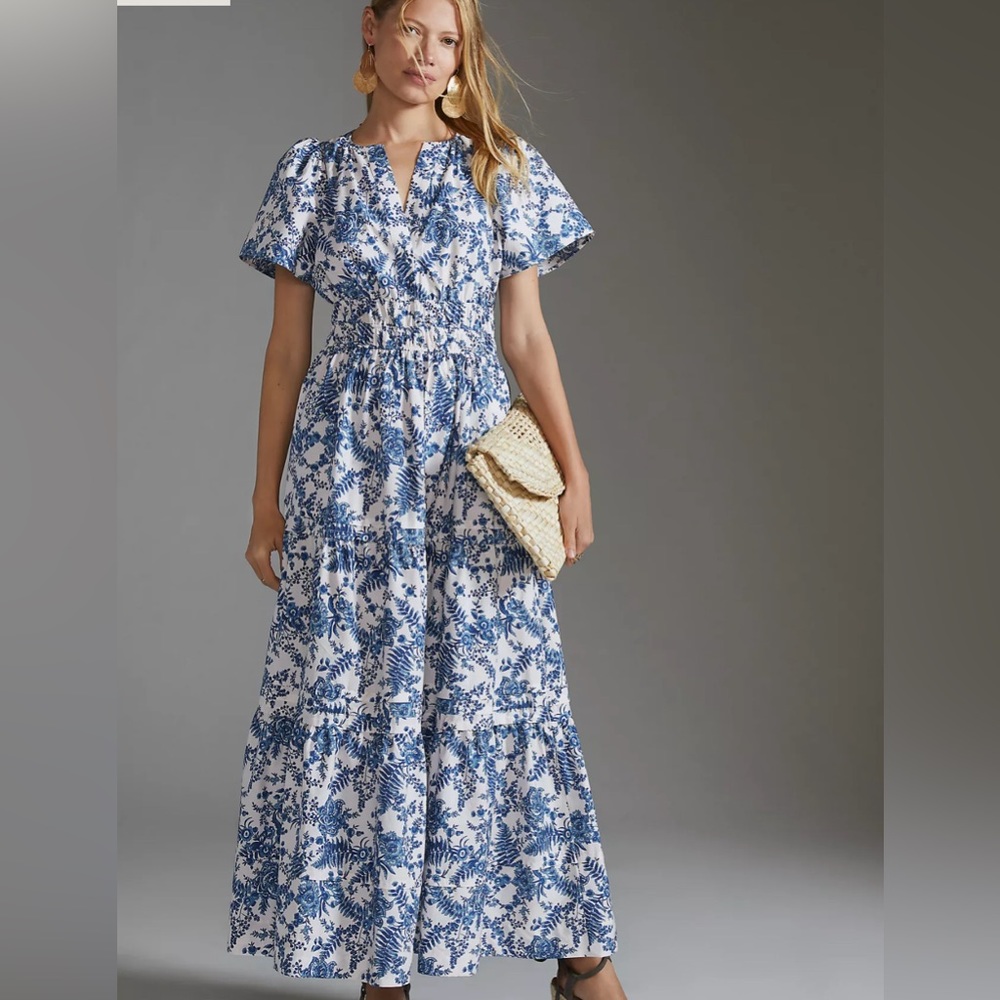 Anthropologie Blue and White Floral Tiered Maxi Dress